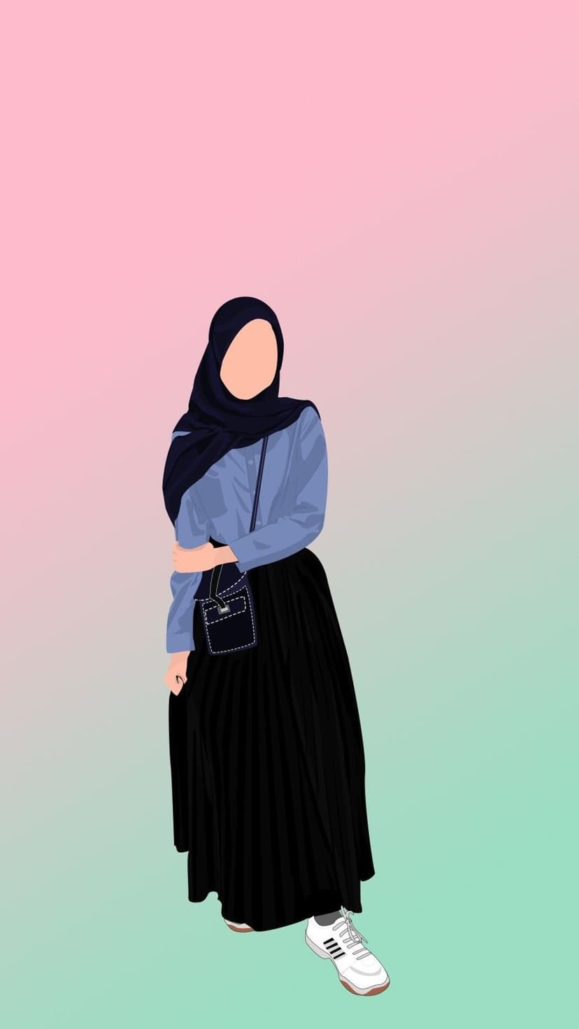 Woman wearing a black hijab, blue shirt, and pleated skirt stands before a pink and mint green gradient backdrop.