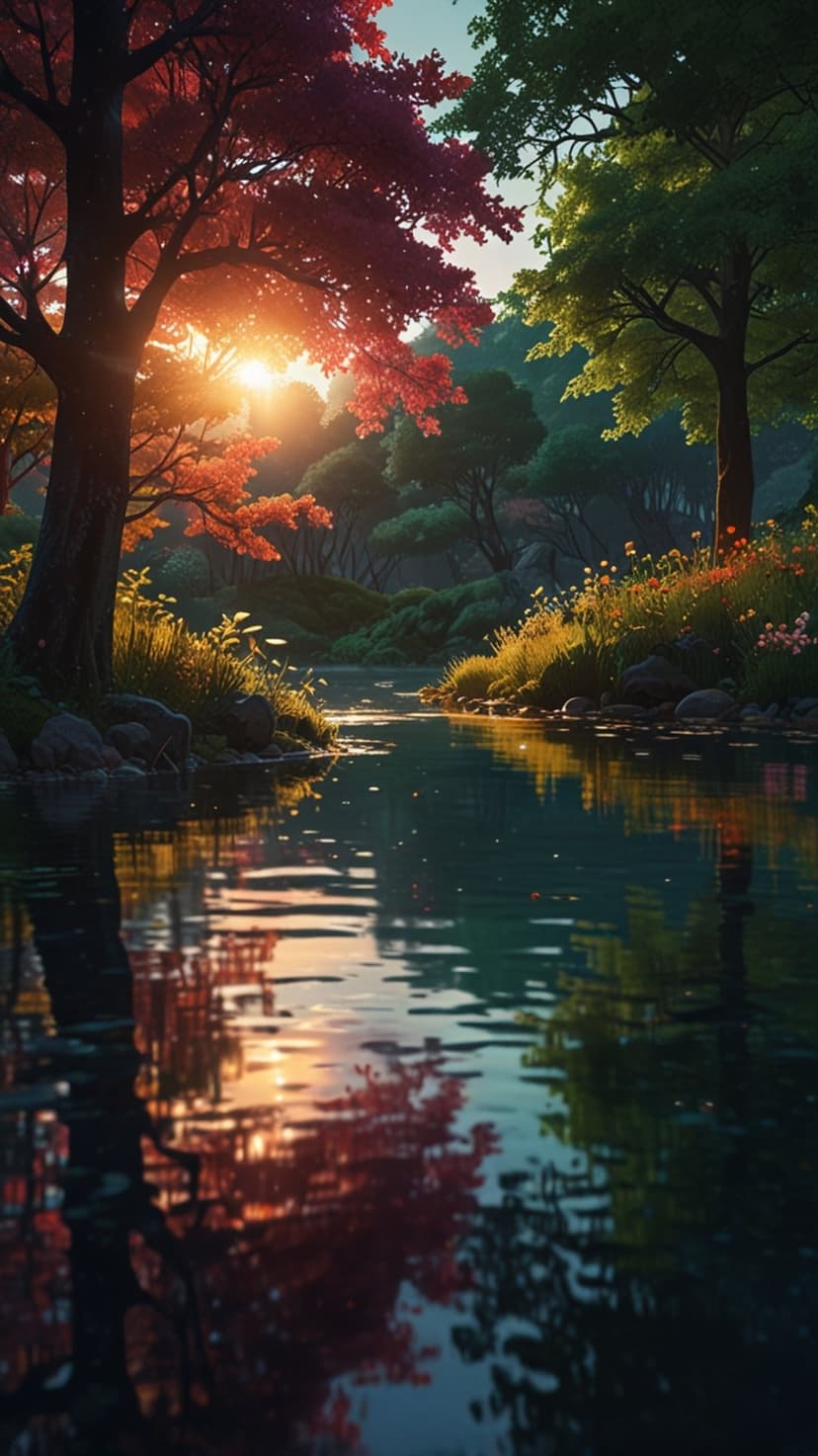 Golden river flowing through an autumn forest with sunlight filtering through orange trees and bank wildflowers.