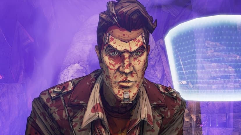 Handsome Jack with blood on his face and heterochromatic eyes in a purple cel-shaded gaming background.