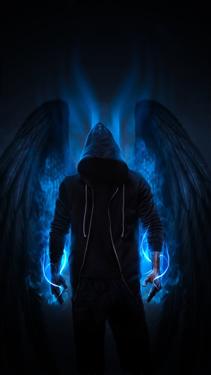 Hooded figure with massive black wings and electric blue lightning sparking from hands in a dark atmosphere.