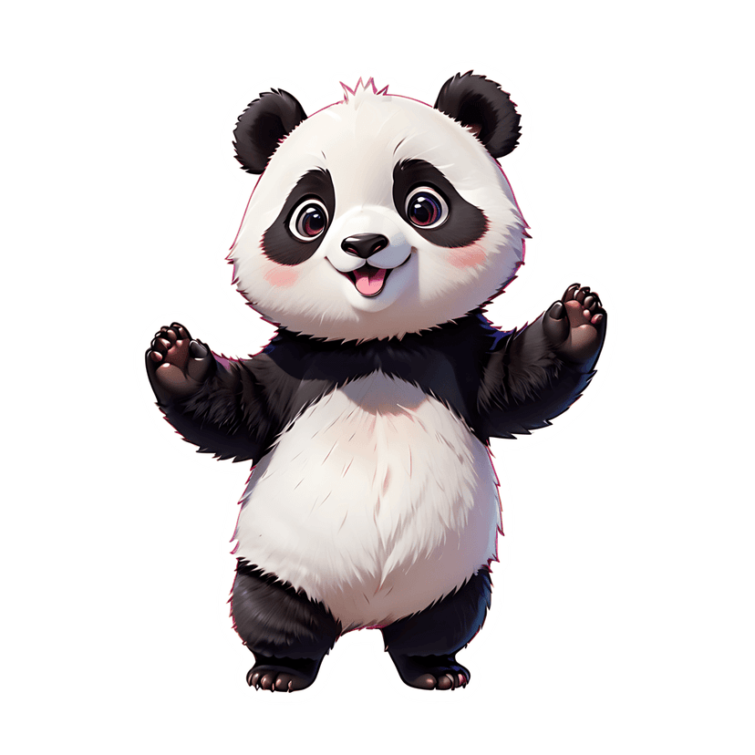 Panda sticker with fluffy white fur, black patches, and glossy eyes stands in a frontal pose with open paws.