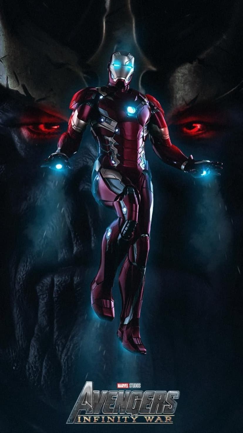 Iron Man in red armor hovers with blue glowing palms while Thanos looms in the dark background with red eyes.