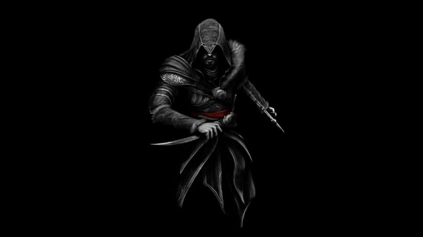 Ezio Auditore in dark robes with hidden blades against a black background with dramatic lighting and red sash.