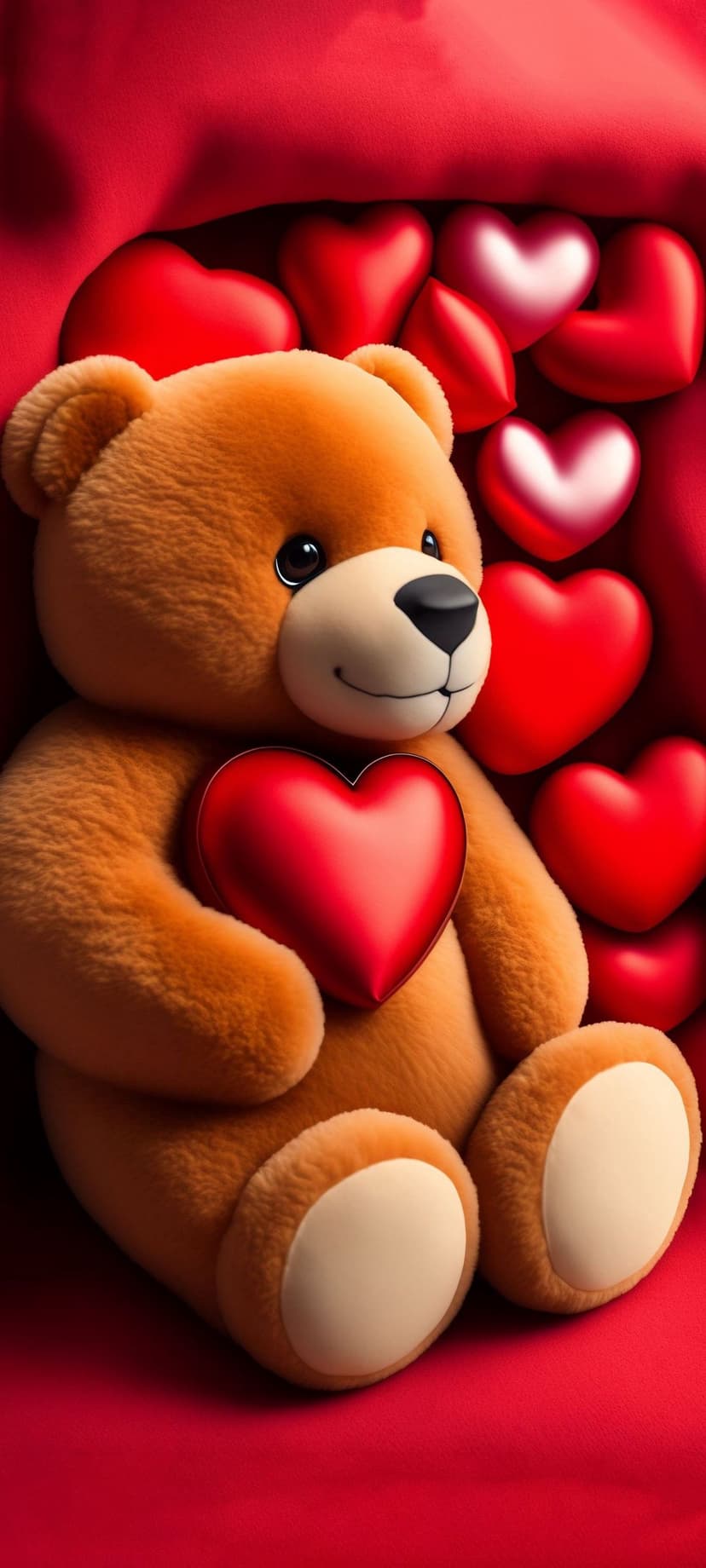 Brown plush teddy bear holding a large red heart surrounded by shiny pink and crimson heart-shaped ornaments.