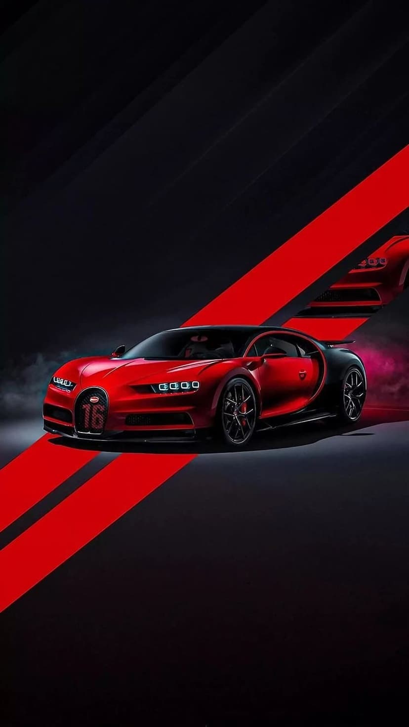 Red Bugatti Chiron with crimson racing stripes sits against a dark, shadowy background in a vertical frame.