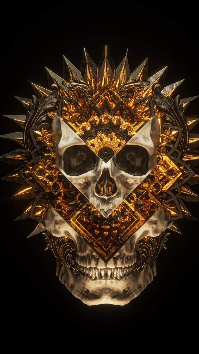 Golden skull with intricate black filigree carvings and ornate crown details set against a dark backdrop.