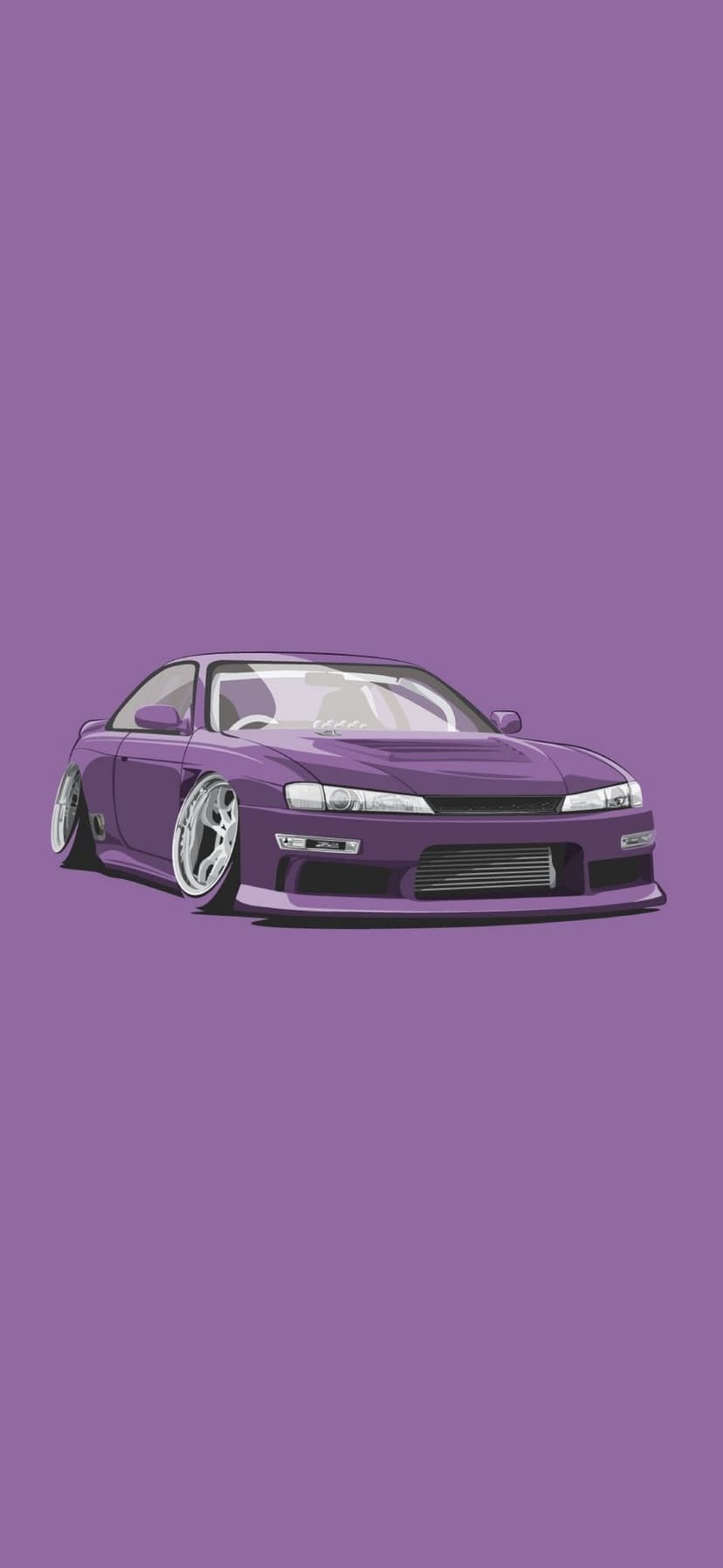 Purple Nissan Silvia S14 sports car with a low stance and custom body kit parked on a solid violet backdrop.