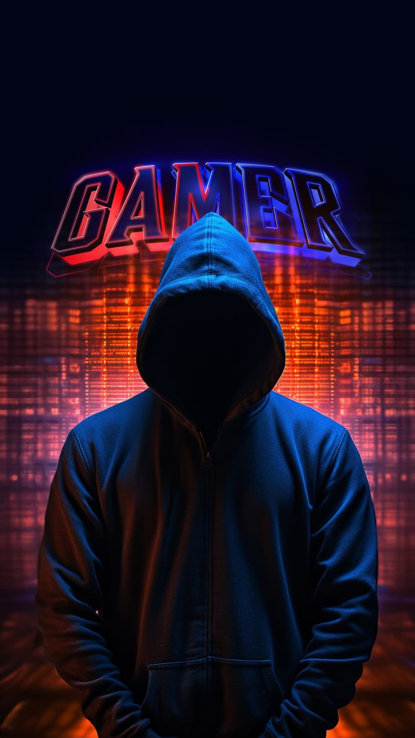 Hooded figure in a dark sweatshirt stands before a red and orange neon gamer sign with an abstract background.