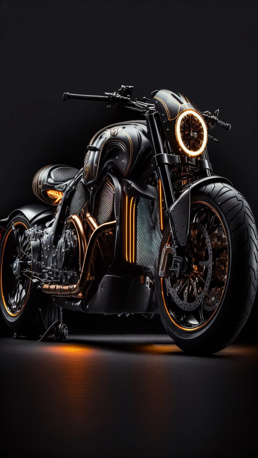 Sleek black motorcycle features vibrant orange LED lighting and exposed mechanical parts in a vertical view.