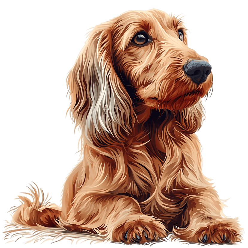 Long-haired dog portrait showing detailed brown fur and expressive eyes while sitting in a profile view pose.