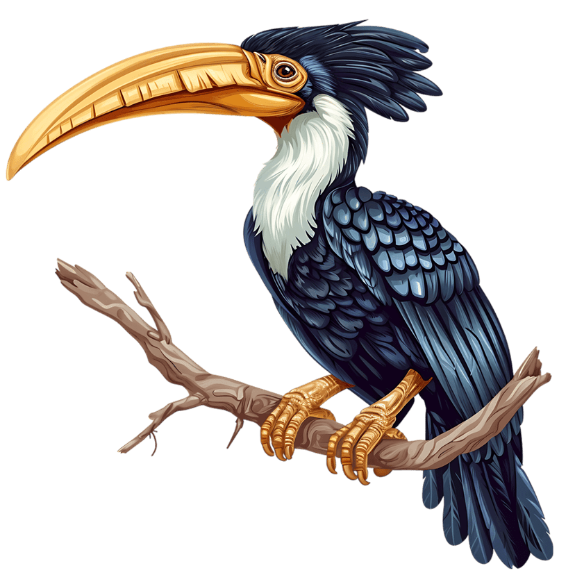 Hornbill digital illustration shows a bird with a curved yellow beak and blue feathers on a textured branch.