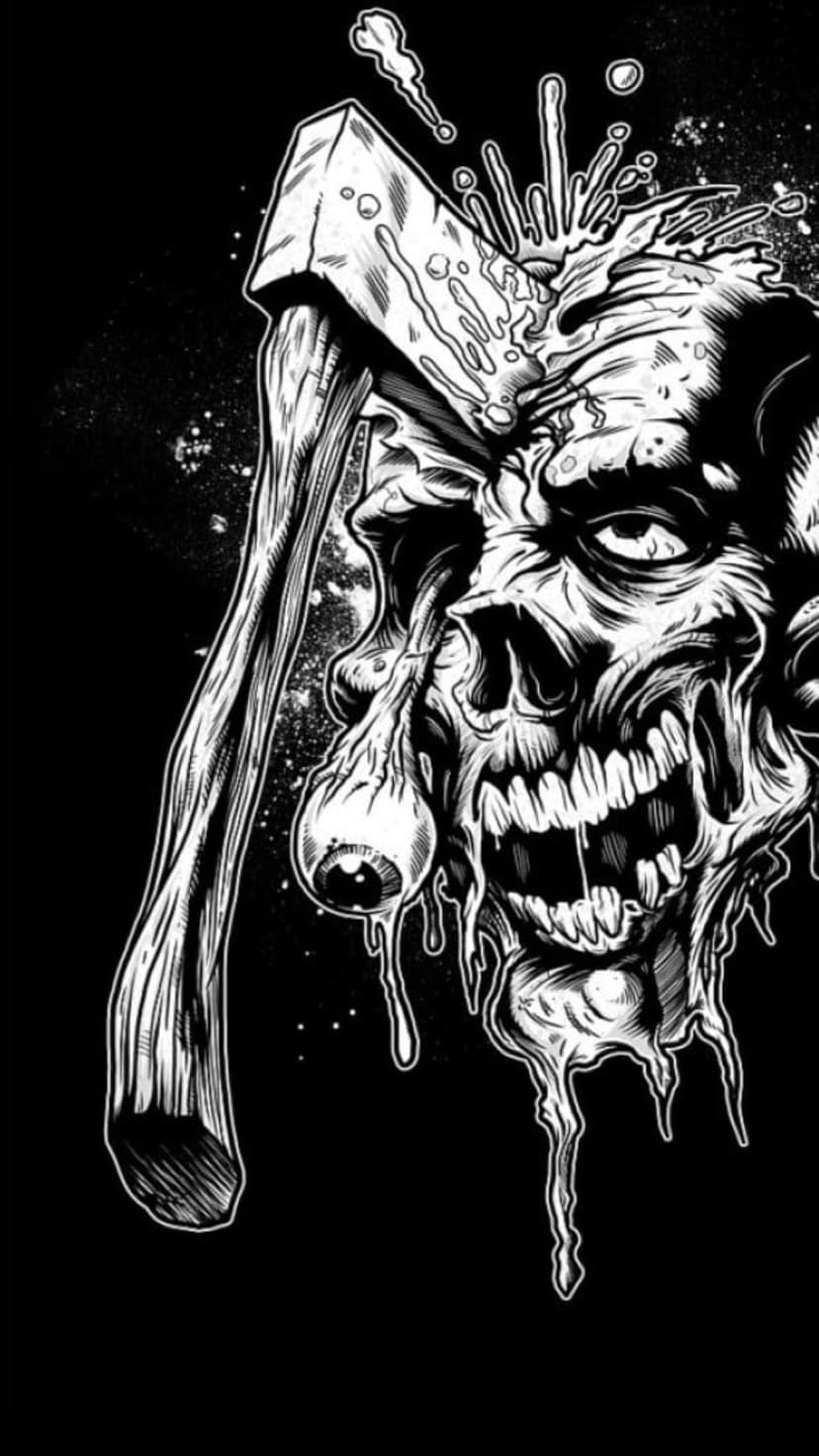 Decaying zombie head with a metal axe buried in its skull featuring dripping fluids and exposed bone fragments.