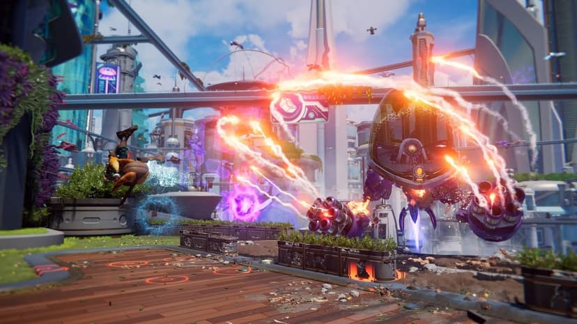 Ratchet dodges glowing energy beams from a purple robotic boss in a vibrant futuristic city landscape.