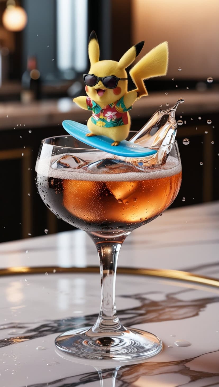Pikachu wearing sunglasses and a Hawaiian shirt surfs on a blue board atop a cocktail drink in a wine glass.