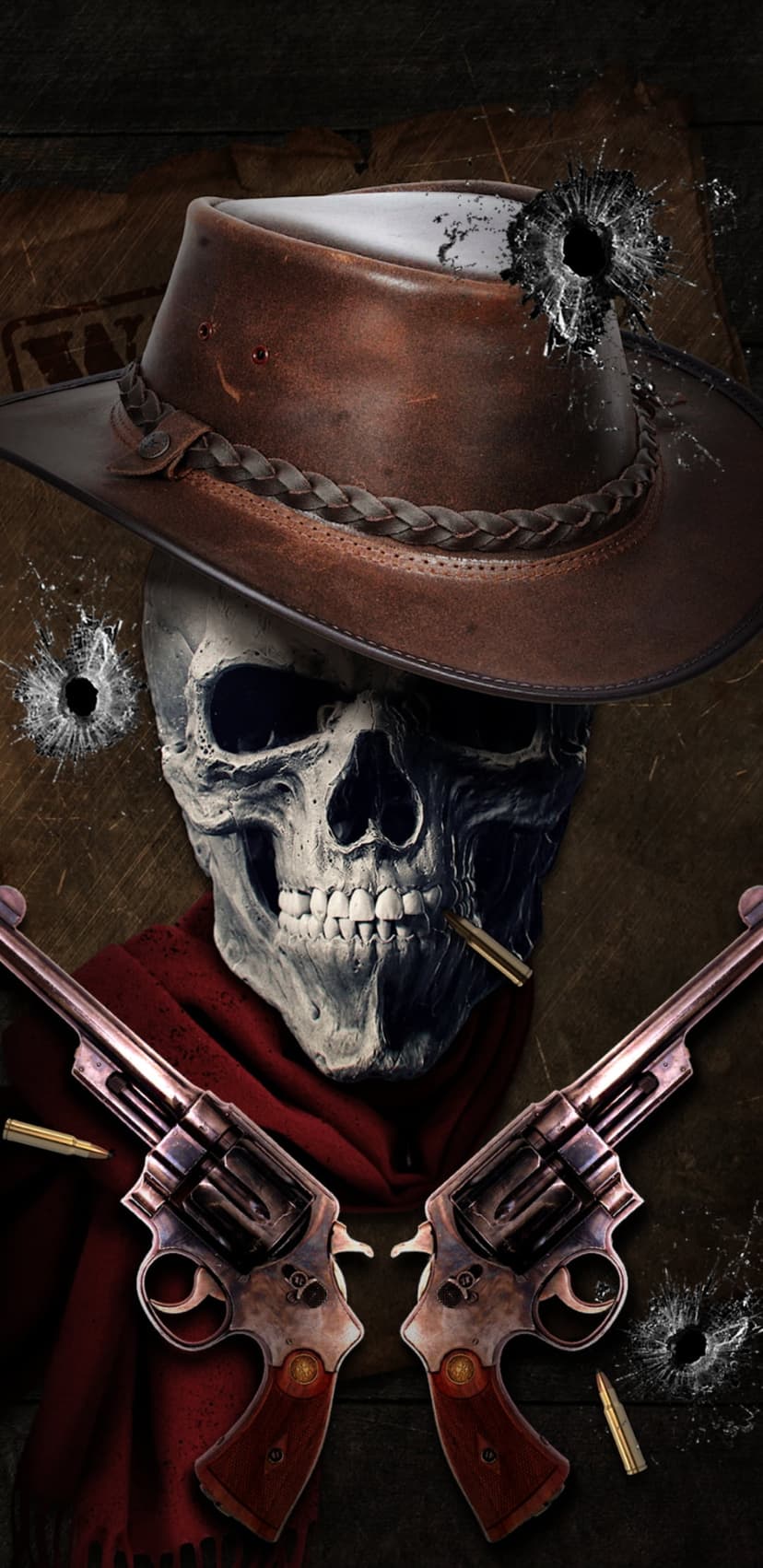 Skeletal cowboy in a wide-brimmed hat holding two pistols with bullet holes and a red scarf in the shadows.