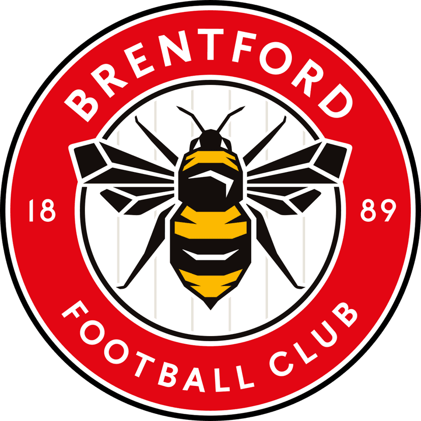 Brentford FC football crest featuring a stylized bee mascot centered on a red and white striped shield badge.