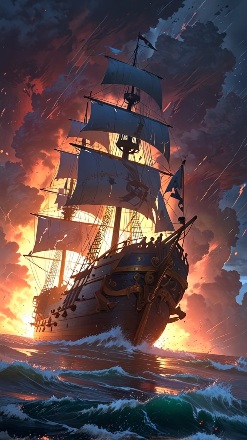 Wooden galleon navigates massive waves under a fiery orange storm sky with bright lightning bolts and dark clouds.