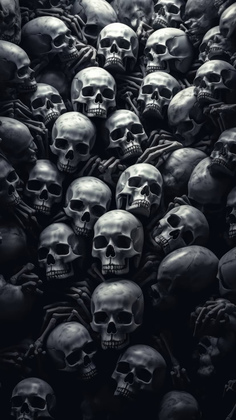 Human skulls and ribcages stacked in a dense, monochromatic pile with deep shadows and realistic bone textures.