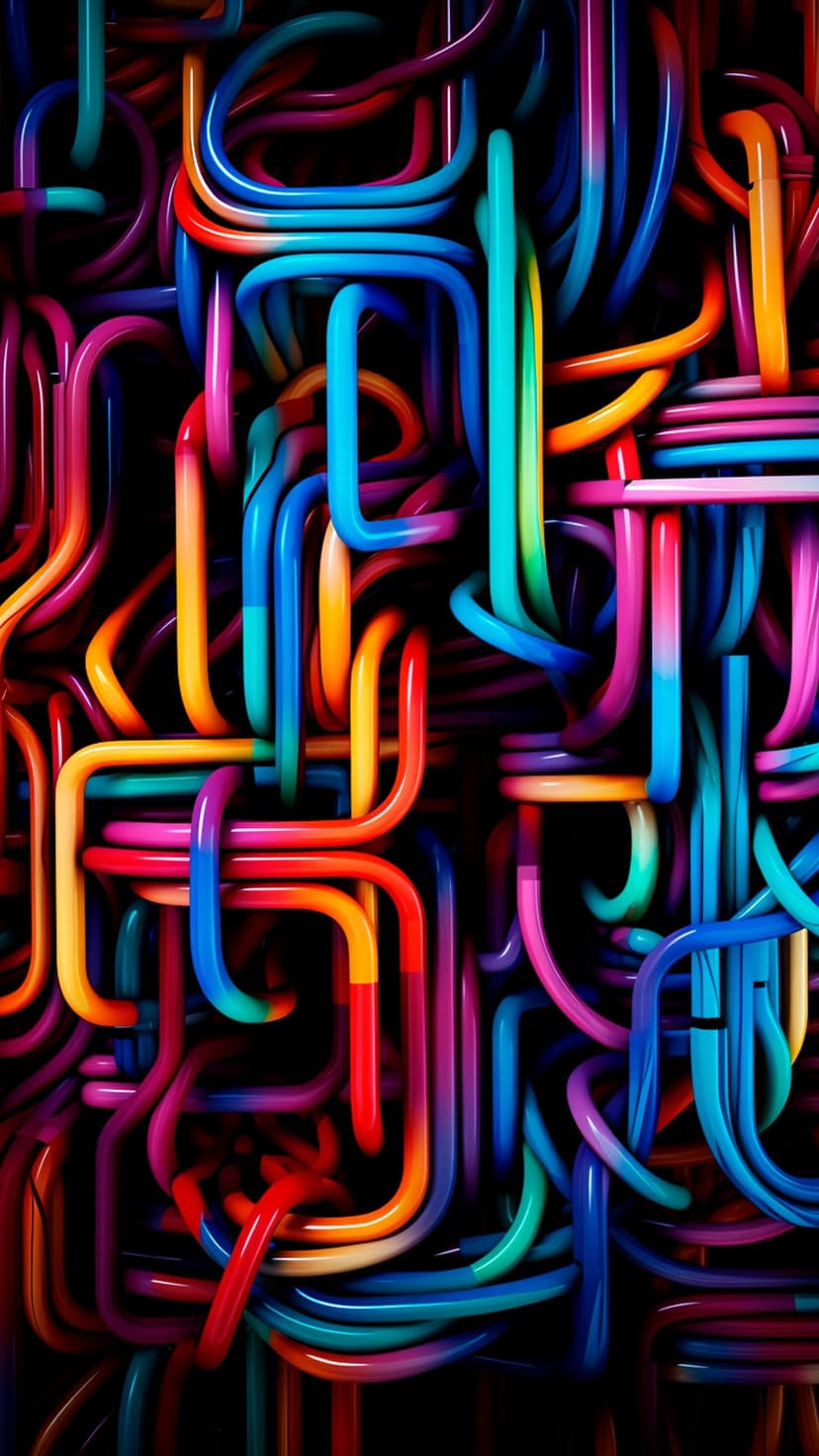 Interconnected neon tubes in pink, blue, and green reflect light on a dark background with a glossy finish.