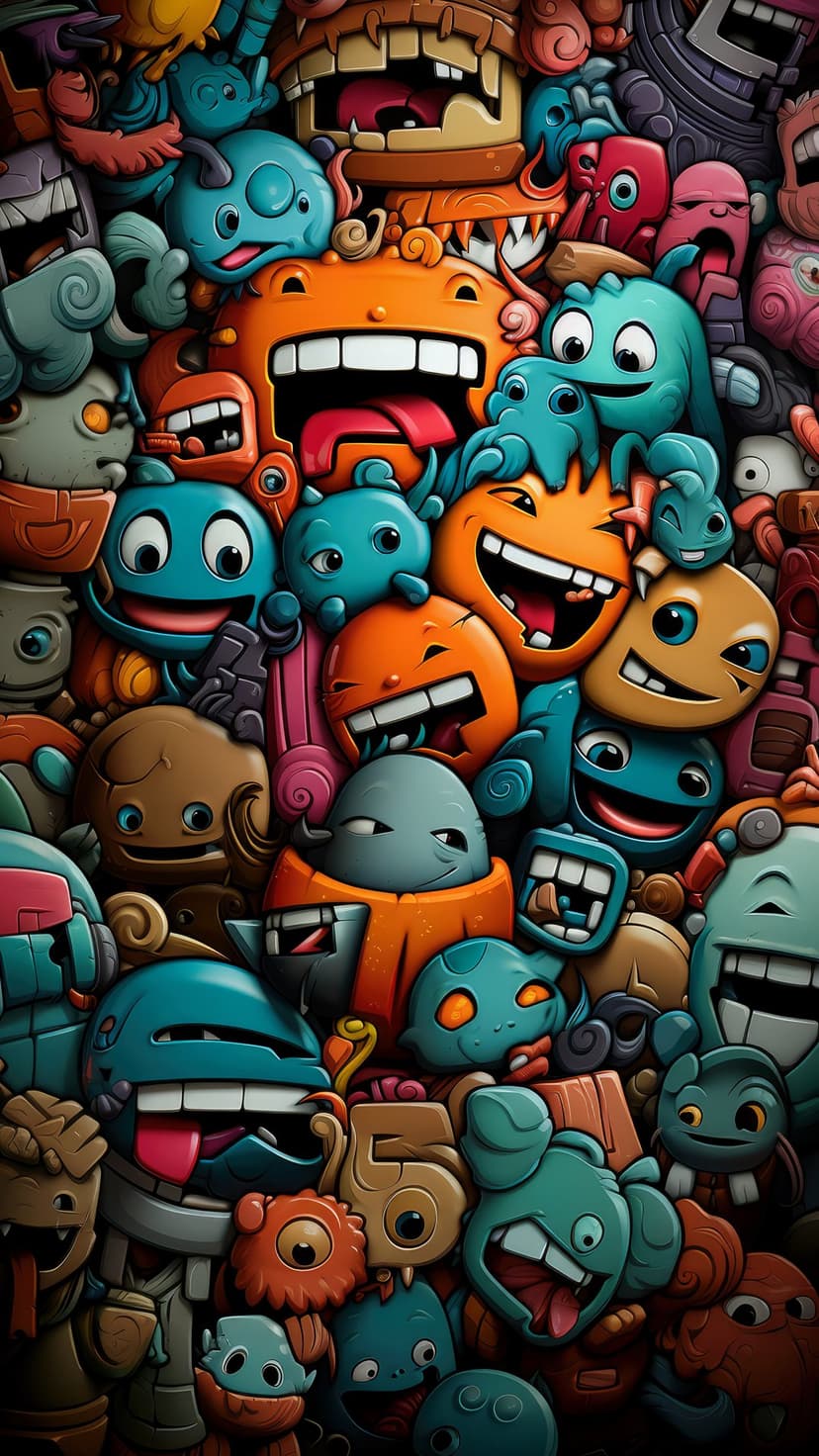 Densely packed neon monsters with expressive faces and wide eyes overlap in a colorful graffiti pattern.