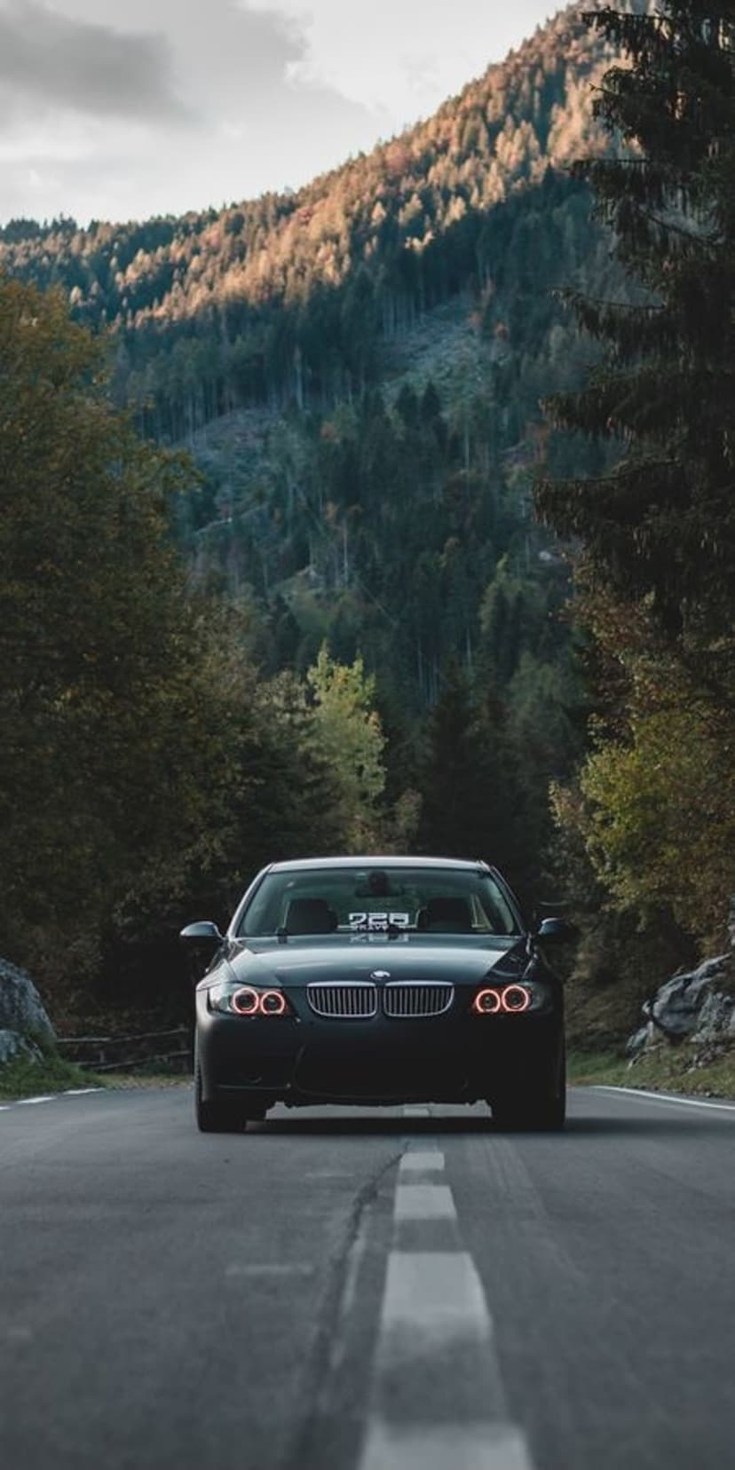 Dark BMW M3 with glowing headlights drives on a winding road through a dense forest with autumn colors and mountains.