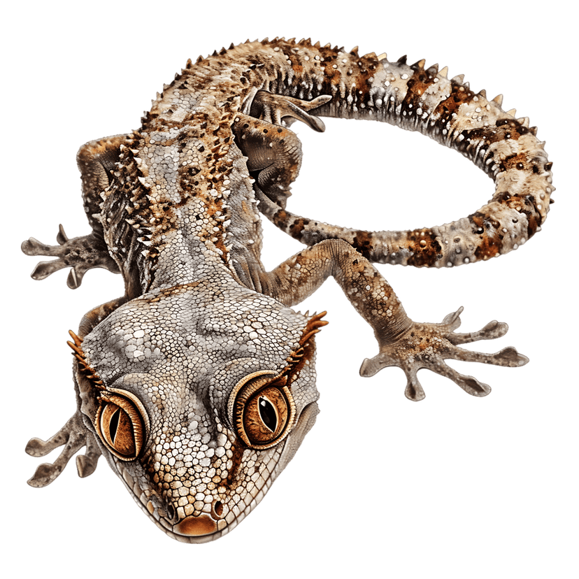 Crested gecko top down view shows golden eyes and textured scales isolated against a dark black background.