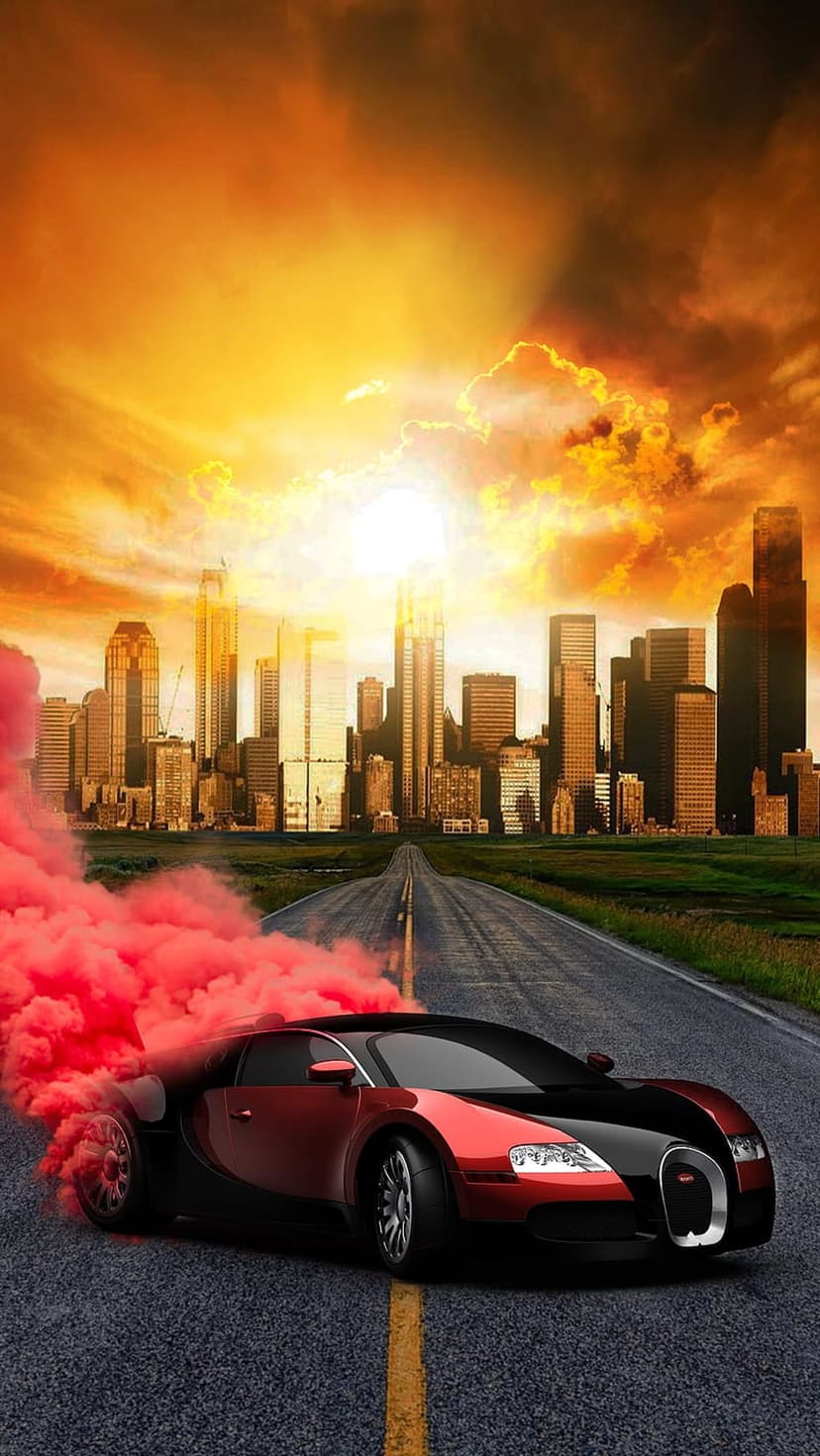 Red Bugatti hypercar drifting with crimson tire smoke against a futuristic city skyline during sunset.