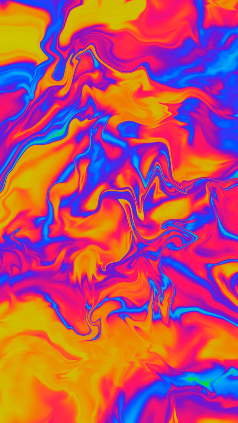Swirling ribbons of glowing pink, electric blue, and golden yellow intermingle in a fluid psychedelic pattern.