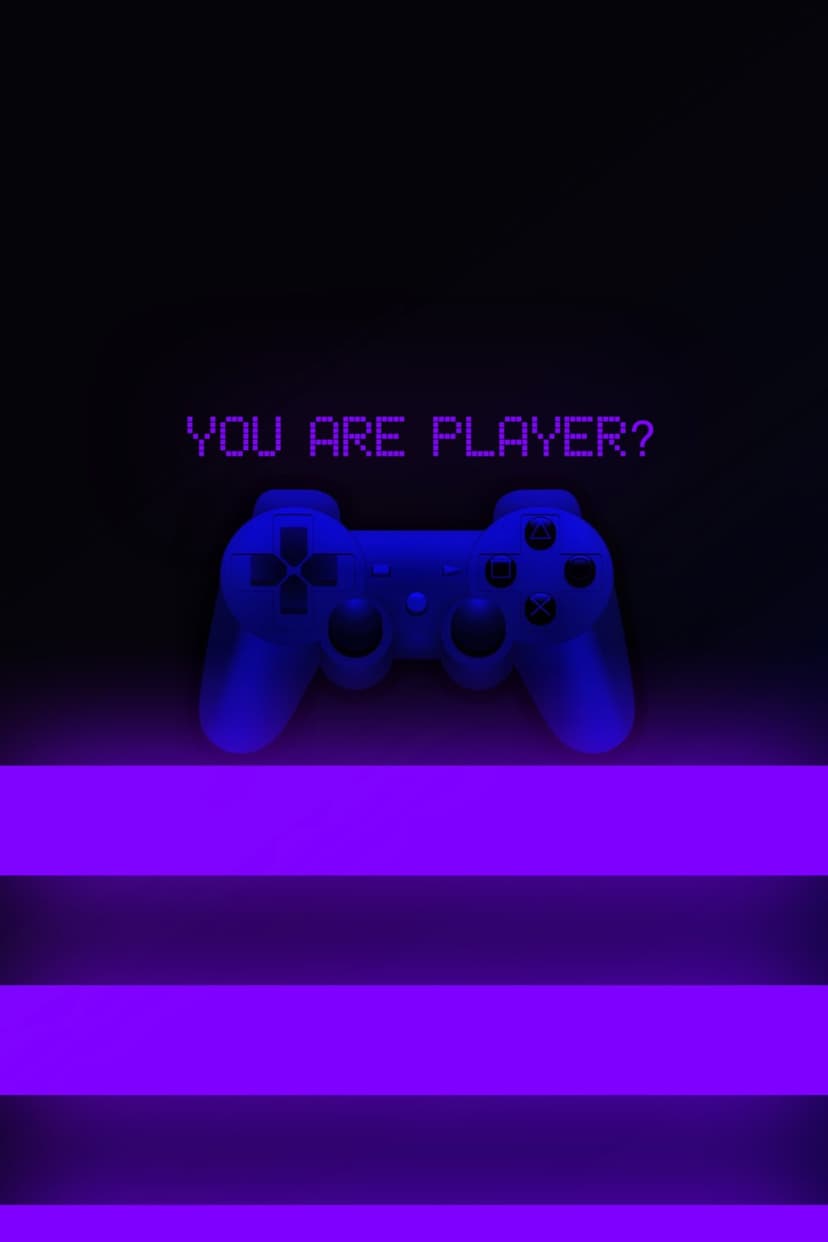 Blue video game controller centered between neon purple light bars with pixelated text asking "YOU ARE PLAYER?".