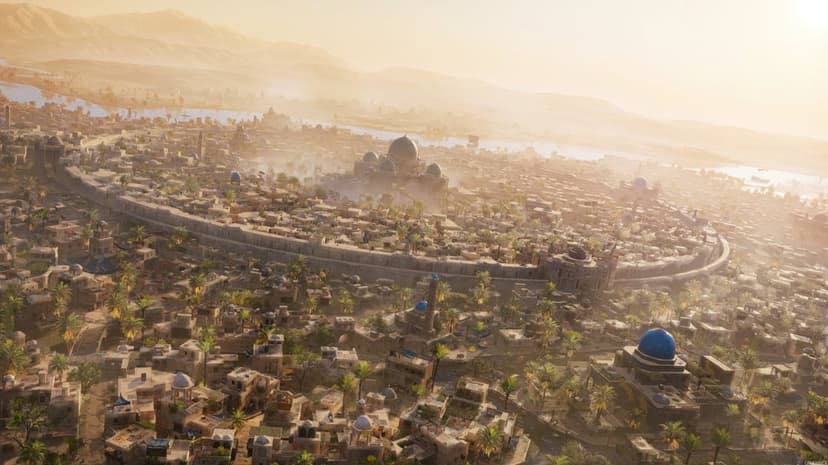 Assassin Creed Mirage hooded character stands atop a dome overlooking a golden sunset desert city skyline.
