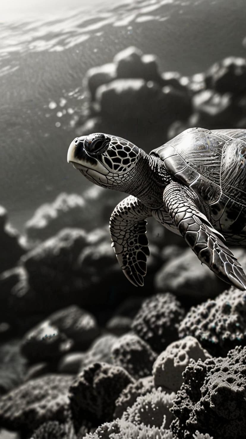 Sea turtle with patterned shell swims through textured coral in a high-contrast black and white underwater scene.