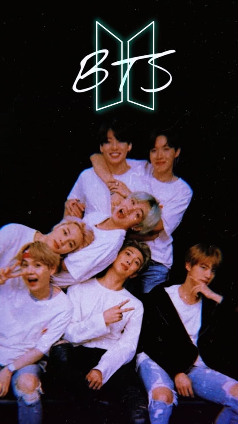 BTS members in white shirts pose under a glowing purple neon logo against a black vintage-filtered backdrop.