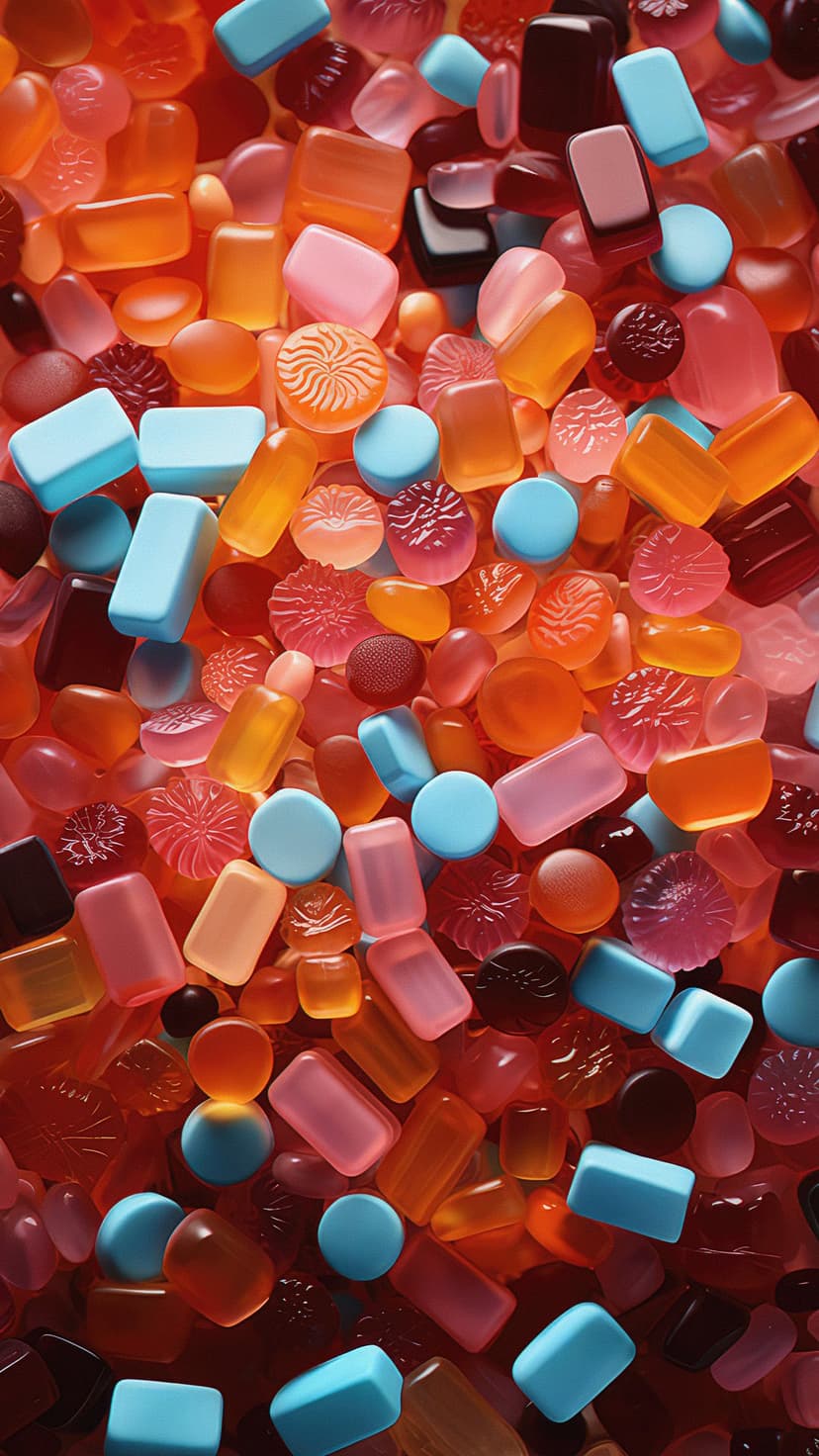 Gummy candies in pink, blue, and orange hues are piled together in a top-down view with translucent textures.