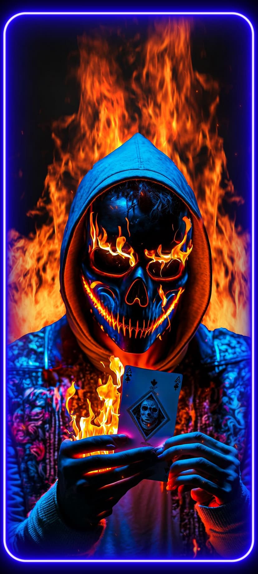 Hooded skeleton holds a flaming ace card inside a neon blue border with intense orange fire in the background.