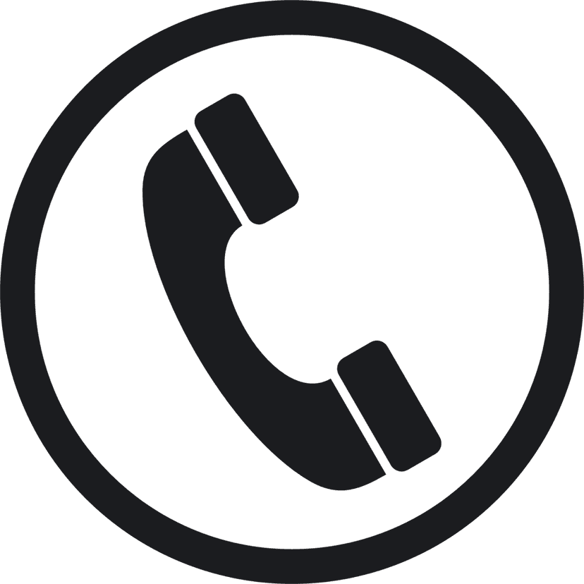 Black telephone logo icon features a minimalist handset silhouette centered within a solid matte black circle.