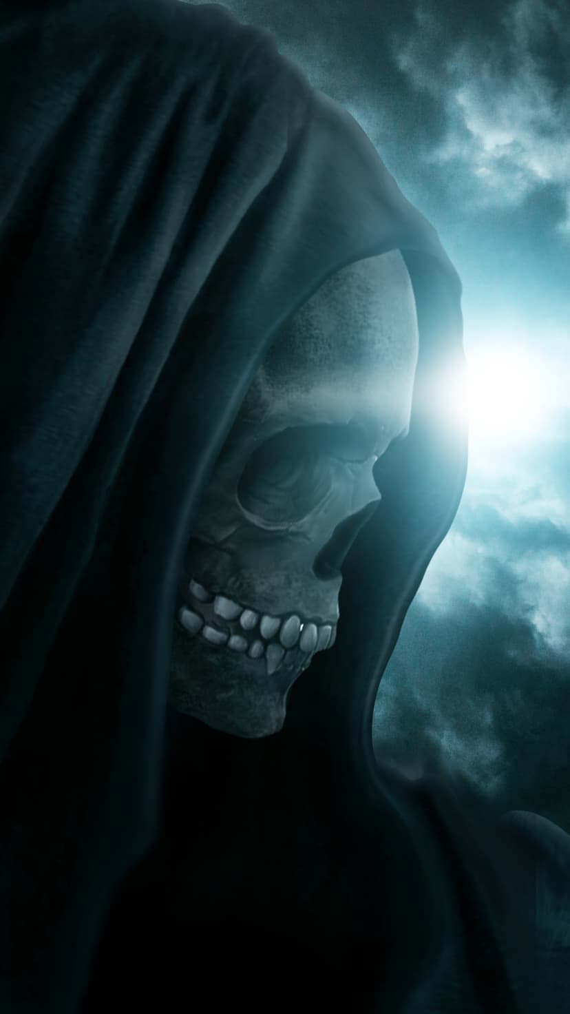 Hooded skeleton with white skull and dark robes emerging from swirling blue clouds and bright ethereal light.