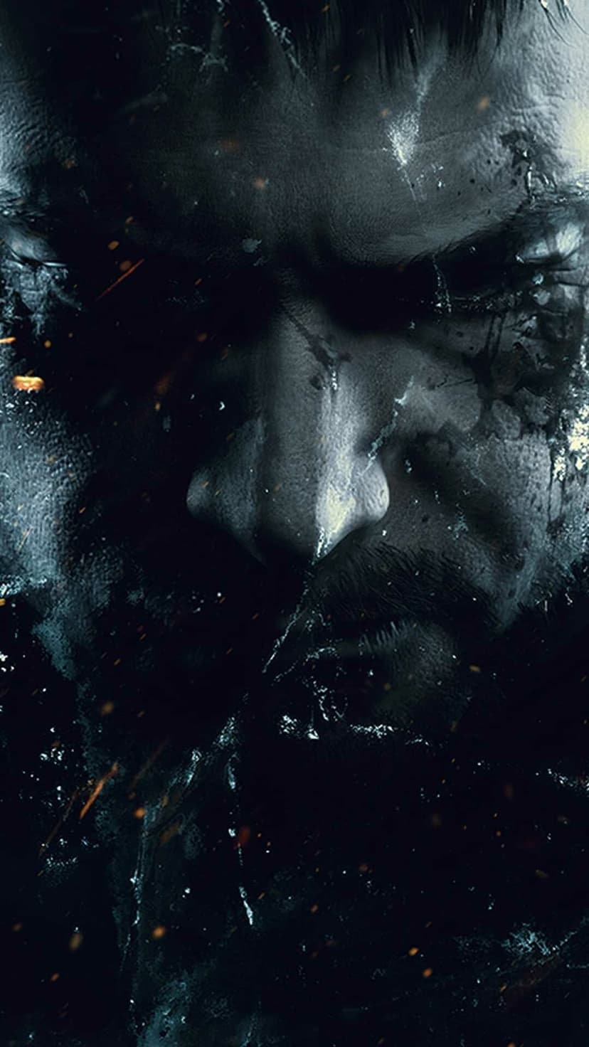 Rugged man's face in a dark cinematic close-up with intense eyes, textured skin, and orange glowing sparks.