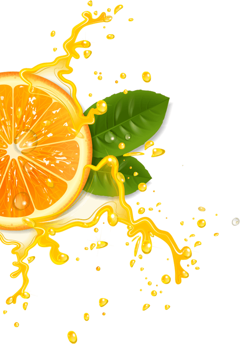 Orange juice splash with realistic liquid droplets and vibrant citrus fruit slices on a transparent background.