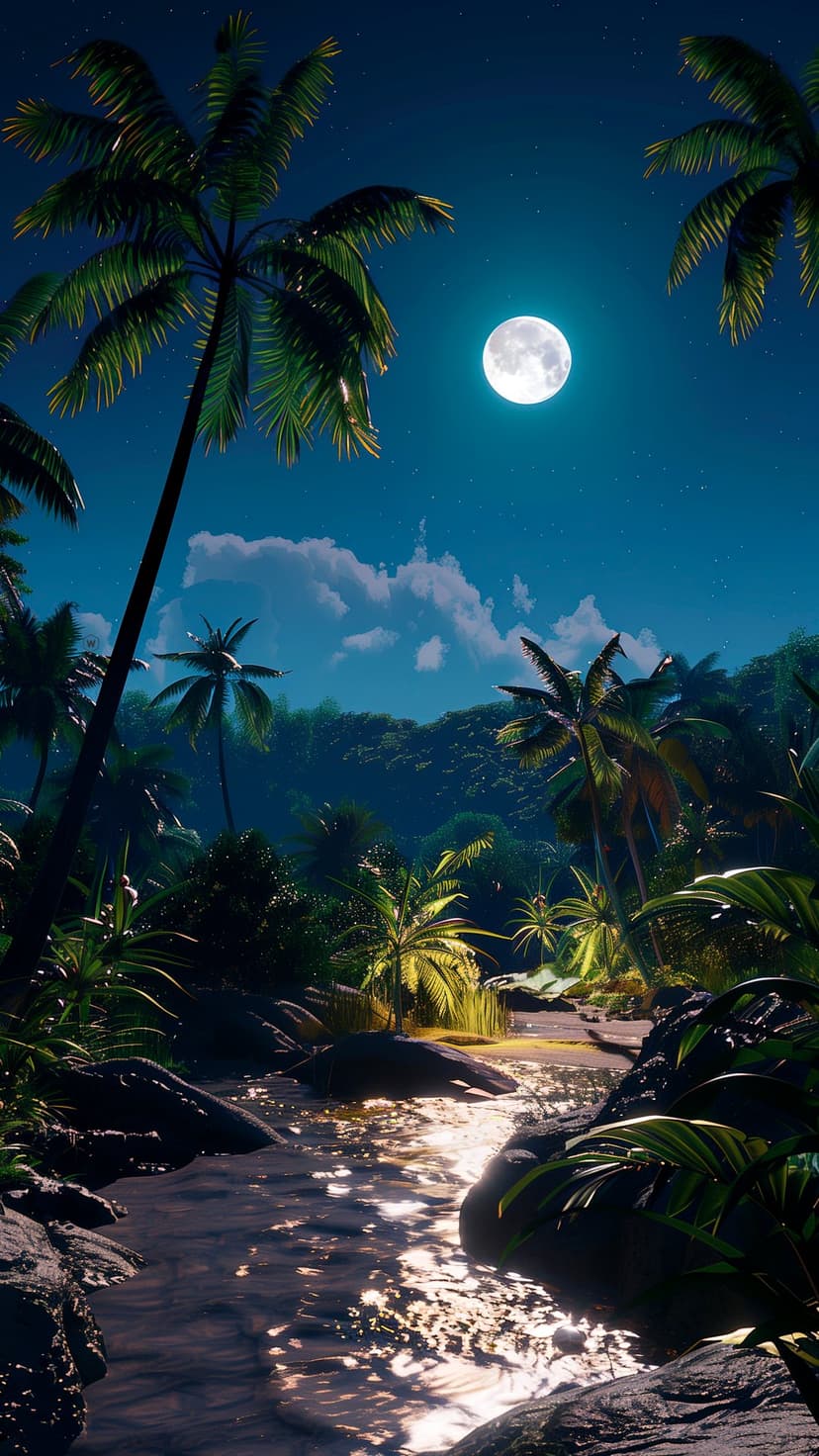 Bright full moon shines over a tropical river and palm trees, reflecting light on the rippling night water.
