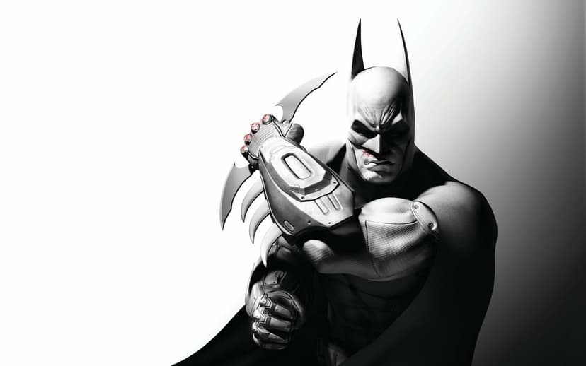 Batman gripping a Batarang with blood on his knuckles and face in a high-contrast black and white scene.