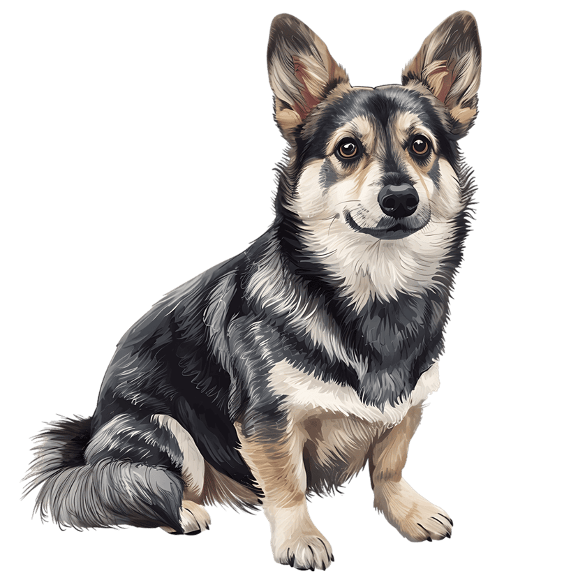 Canine portrait painting shows a dog sitting with upright ears and multi-toned fur on a black background.