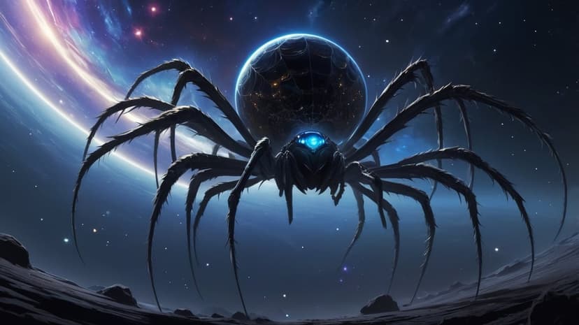 Giant spider-like alien with a glowing blue eye stands on a rocky planet under a colorful space nebula background.