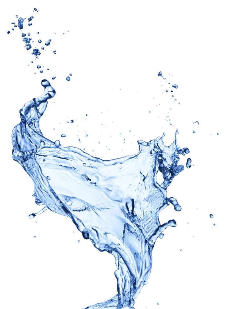 Dynamic water splash featuring translucent blue droplets and glossy liquid waves against a clear background.