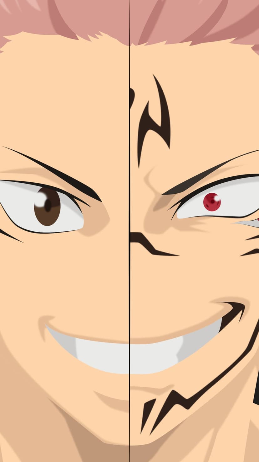 Yuji Itadori and Sukuna's split face featuring a warm brown eye and a menacing red eye with black markings.