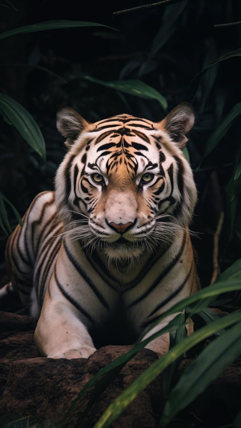 Tiger with orange fur and green eyes peers through dark jungle leaves, showing detailed black facial stripes.