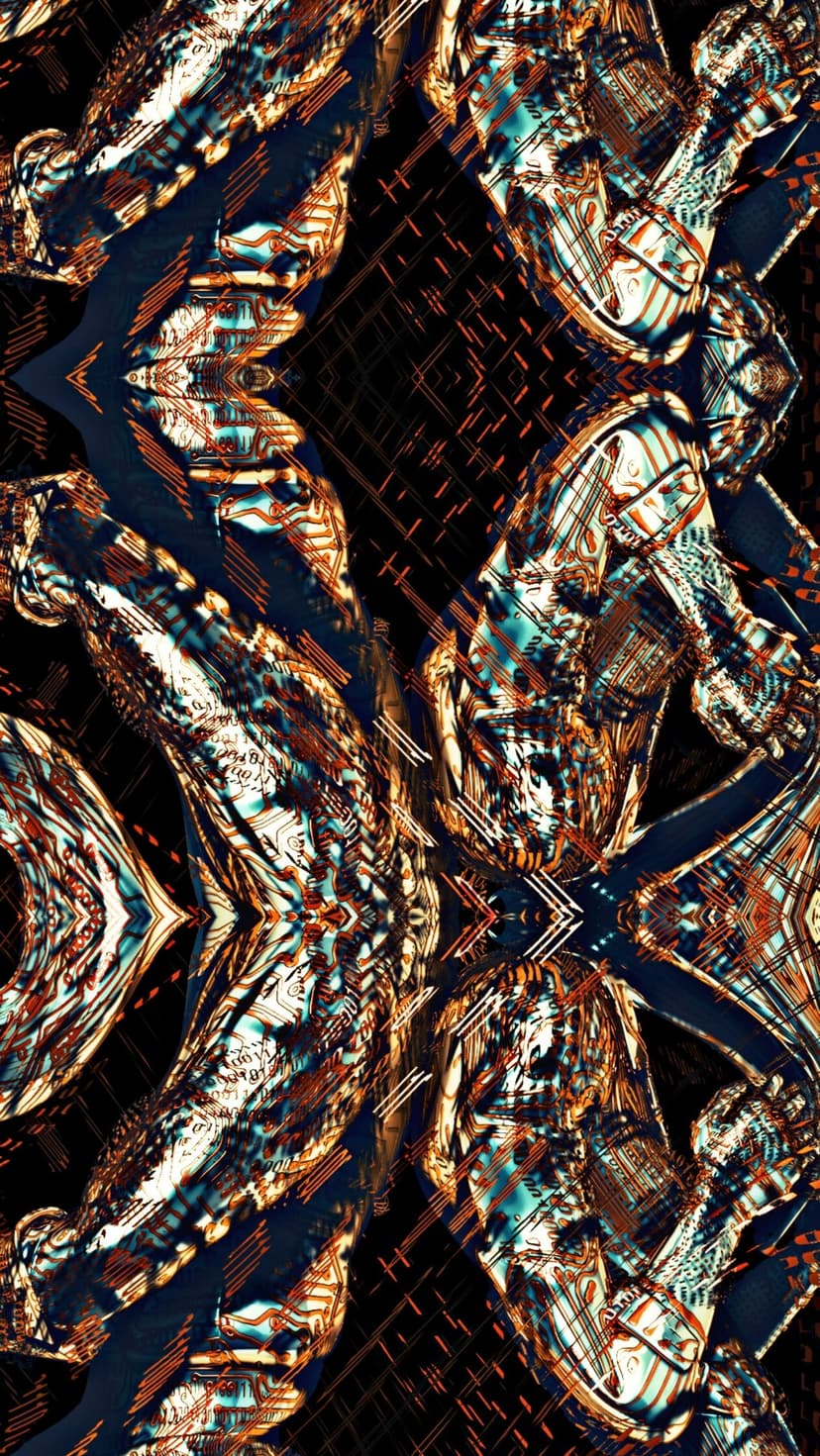 Symmetrical teal and copper circuitry patterns with glowing light pathways and polished metallic textures.