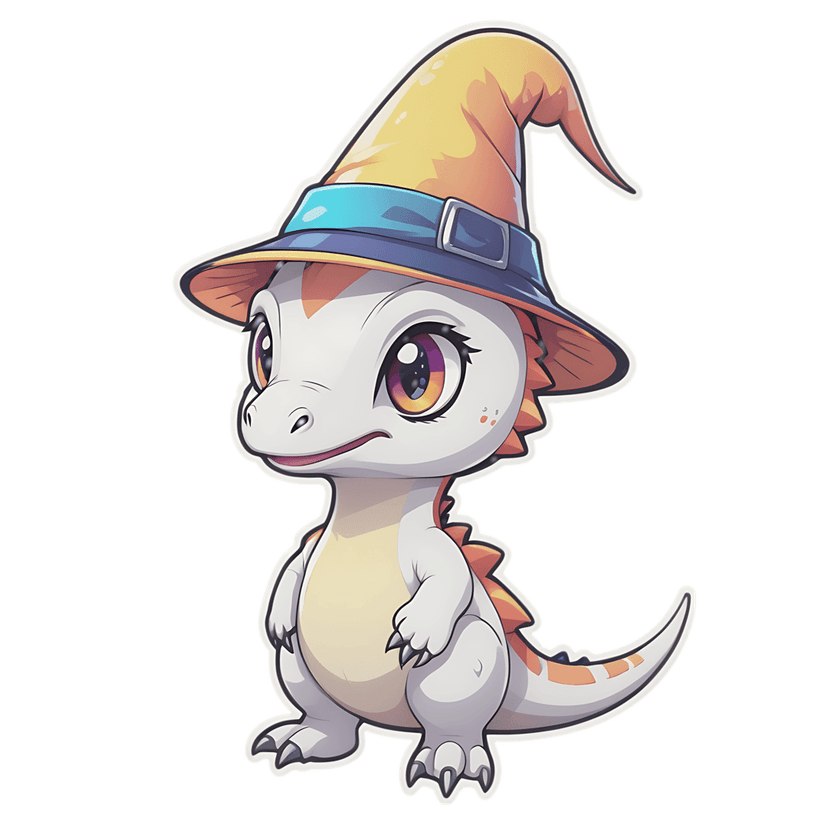 White baby dragon sticker wearing a yellow wizard hat features iridescent purple eyes and orange spikes.
