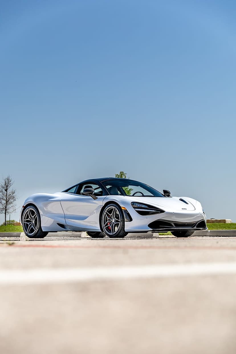 White McLaren 720S sports car with a black roof and alloy wheels parked outdoors under a bright blue sky.