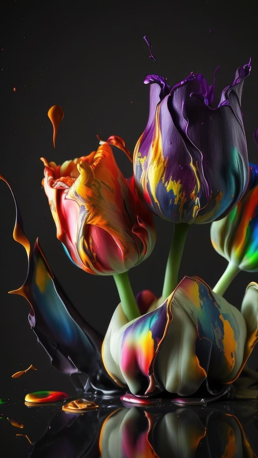 Pink and yellow tulips covered in thick swirls of multicolored liquid paint splashes against a dark backdrop.