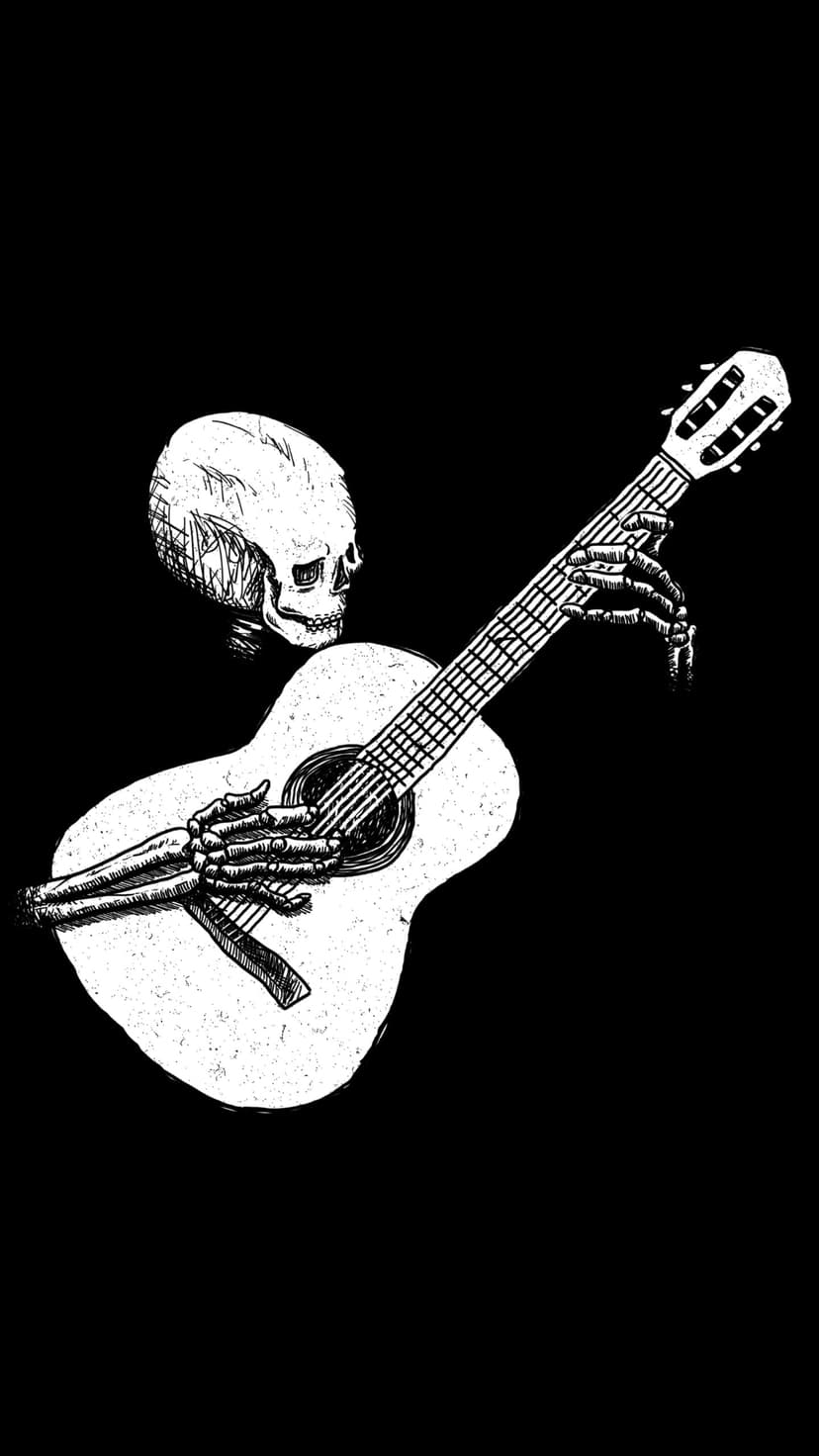 Skeleton playing an acoustic guitar with bony fingers on the fretboard against a solid pitch-black background.